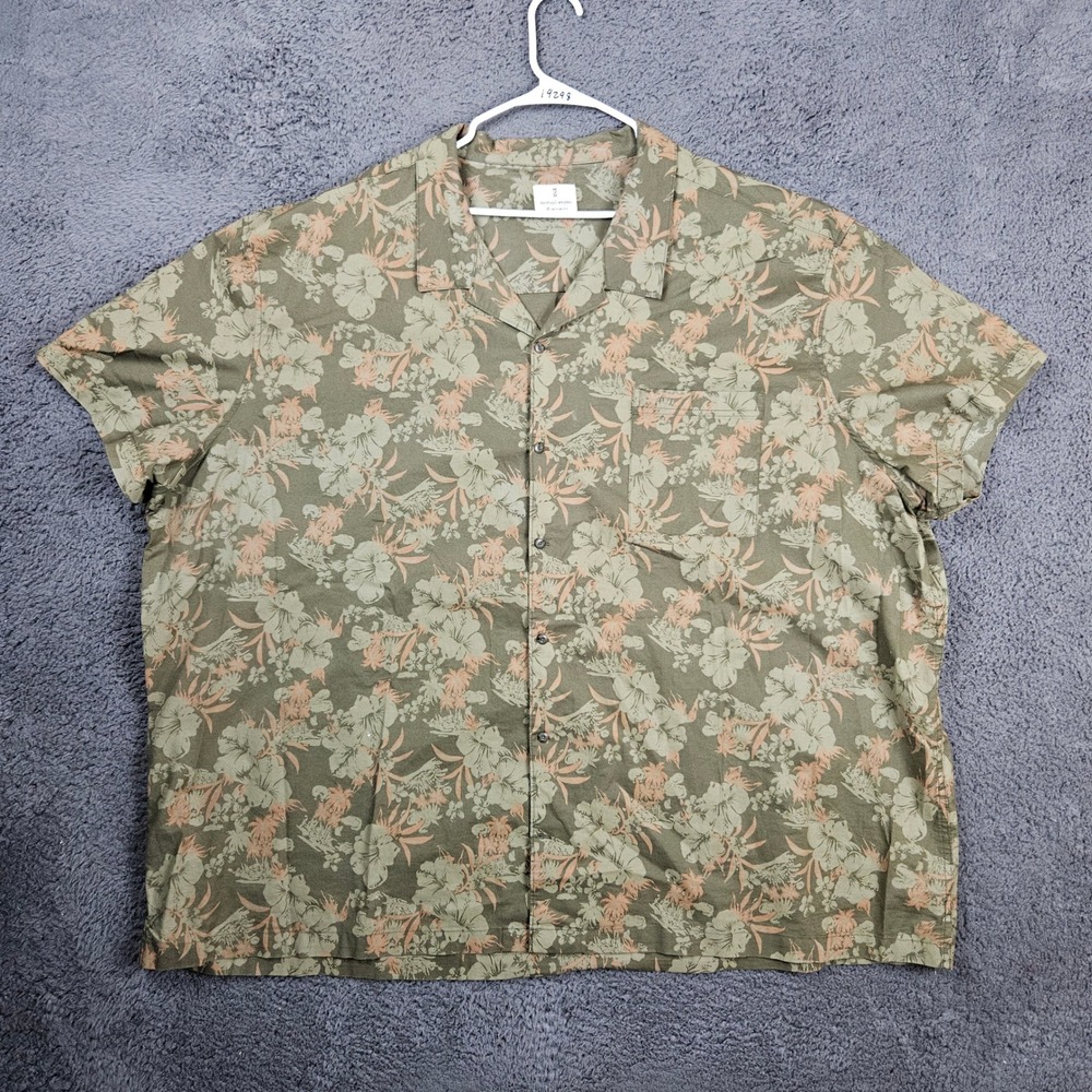 Mutual Weave Mens 5XL Floral Tropical Button Down Camp Shirt Olive Green Stretch